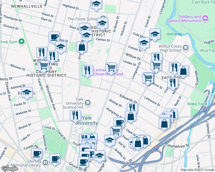 map of restaurants, bars, coffee shops, grocery stores, and more near 298 Lawrence Street in New Haven