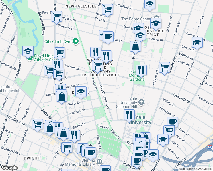 map of restaurants, bars, coffee shops, grocery stores, and more near 27 Tilton Street in New Haven