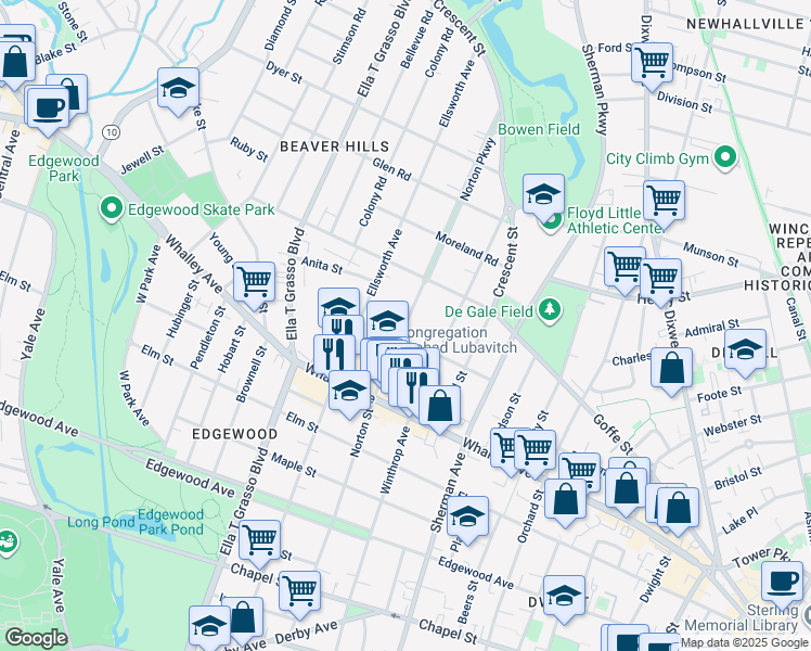 map of restaurants, bars, coffee shops, grocery stores, and more near 342 Norton Street in New Haven
