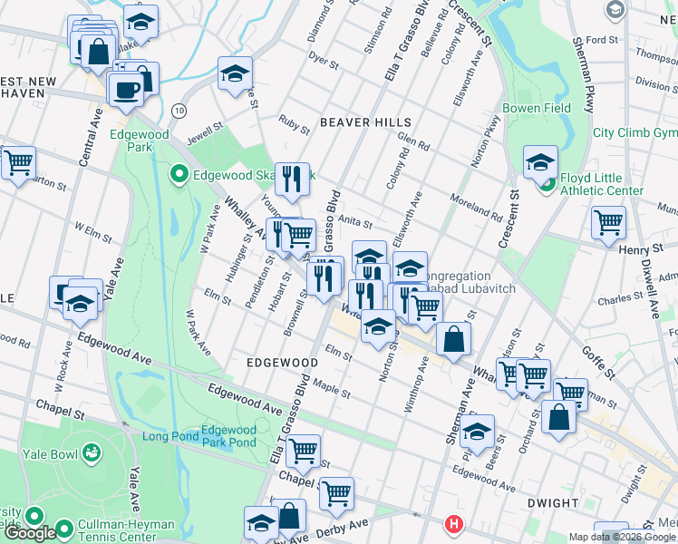 map of restaurants, bars, coffee shops, grocery stores, and more near 1495 Ella T Grasso Boulevard in New Haven