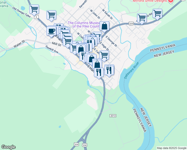 map of restaurants, bars, coffee shops, grocery stores, and more near 120 Sawkill Drive in Milford
