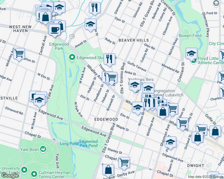 map of restaurants, bars, coffee shops, grocery stores, and more near 532 Whalley Avenue in New Haven