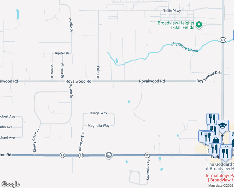 map of restaurants, bars, coffee shops, grocery stores, and more near 2359 Royalwood Road in Broadview Heights