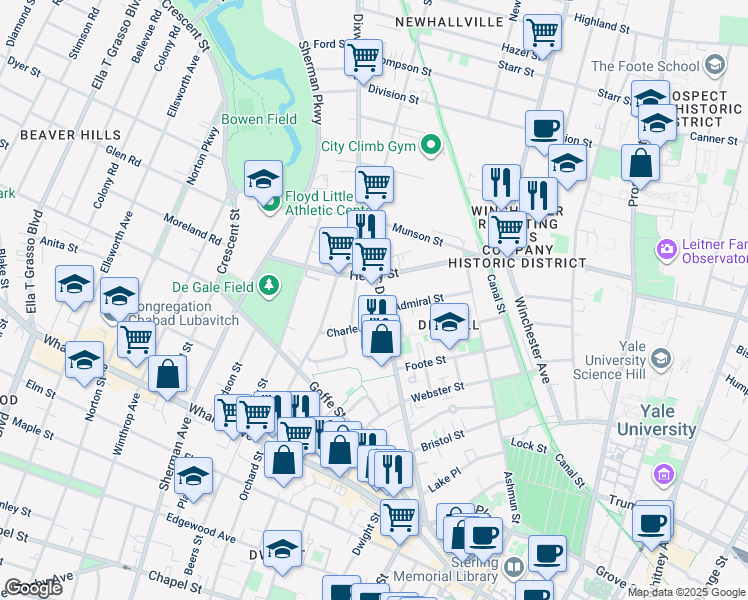 map of restaurants, bars, coffee shops, grocery stores, and more near 262 Dixwell Avenue in New Haven