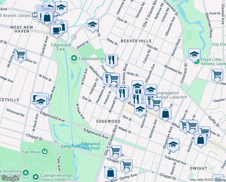 map of restaurants, bars, coffee shops, grocery stores, and more near 536 Whalley Avenue in New Haven