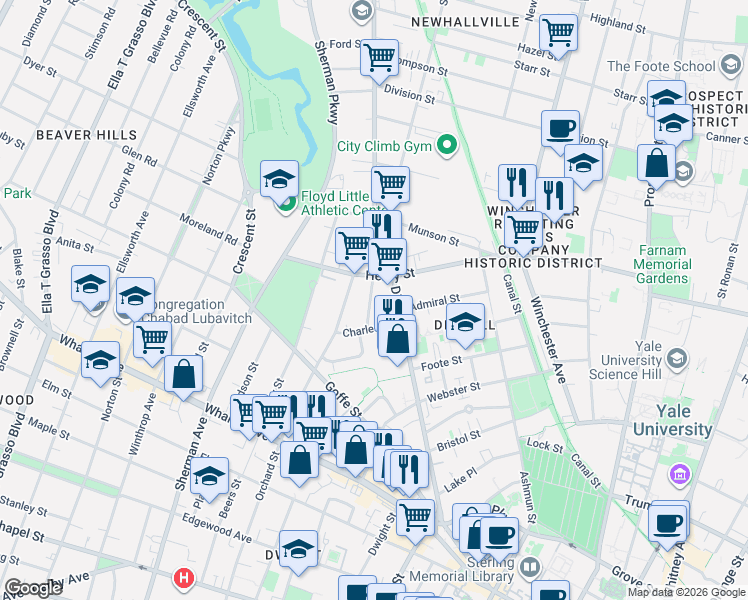 map of restaurants, bars, coffee shops, grocery stores, and more near 35 Townsend Street in New Haven