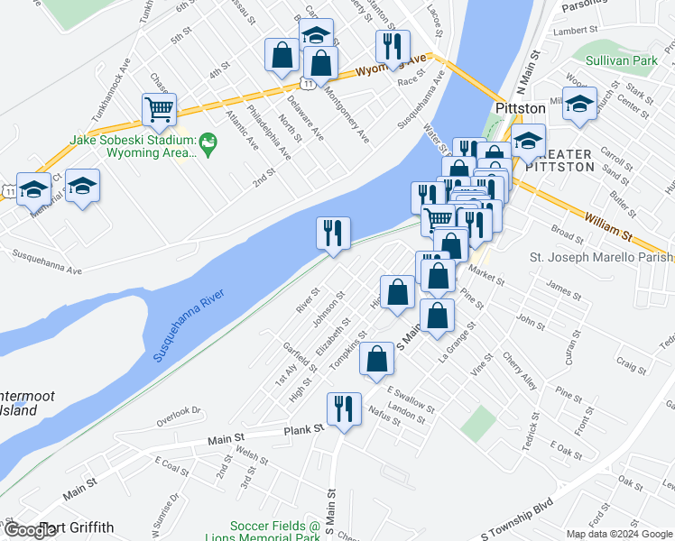 map of restaurants, bars, coffee shops, grocery stores, and more near 62 River Street in Pittston