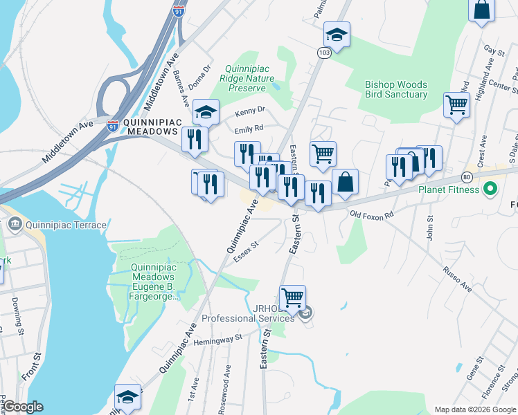 map of restaurants, bars, coffee shops, grocery stores, and more near 1228 Quinnipiac Avenue in New Haven