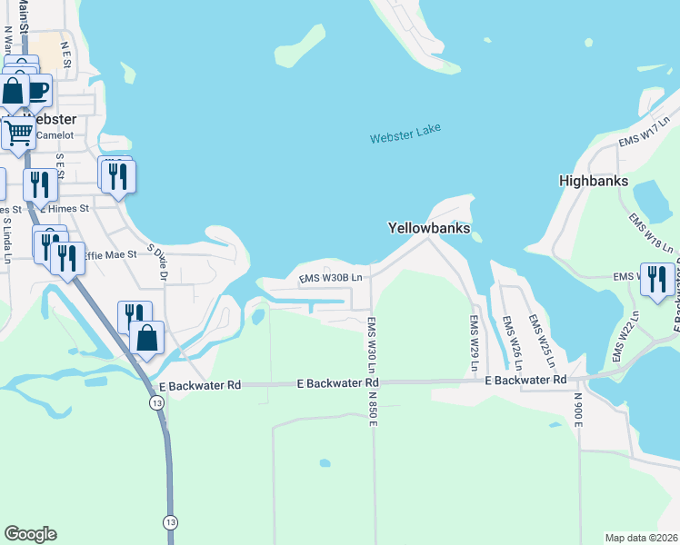 map of restaurants, bars, coffee shops, grocery stores, and more near 36 EMS W30B Lane in North Webster