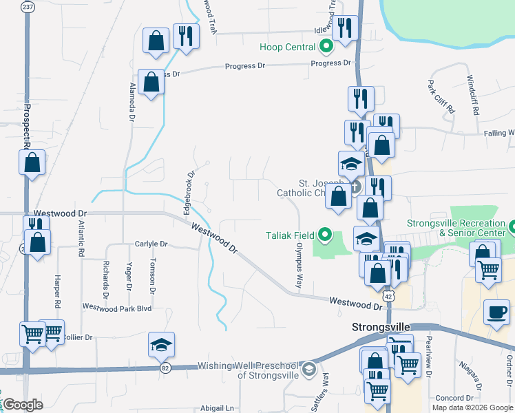 map of restaurants, bars, coffee shops, grocery stores, and more near 12772 Doria Court in Strongsville