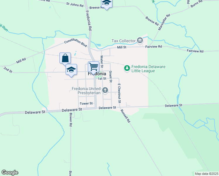 map of restaurants, bars, coffee shops, grocery stores, and more near 42 Water Street in Fredonia