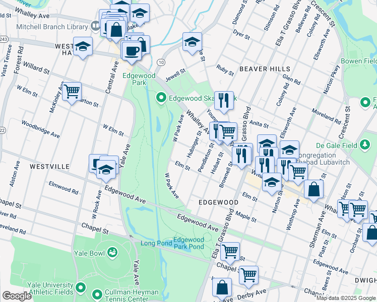 map of restaurants, bars, coffee shops, grocery stores, and more near 112 Hubinger Street in New Haven