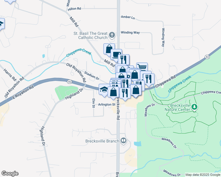 map of restaurants, bars, coffee shops, grocery stores, and more near Public Square in Brecksville