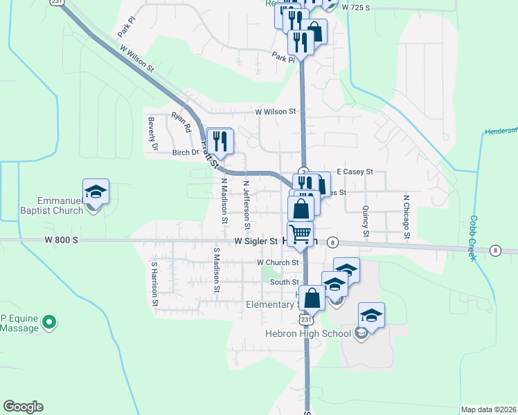 map of restaurants, bars, coffee shops, grocery stores, and more near 210 West Bates Street in Hebron