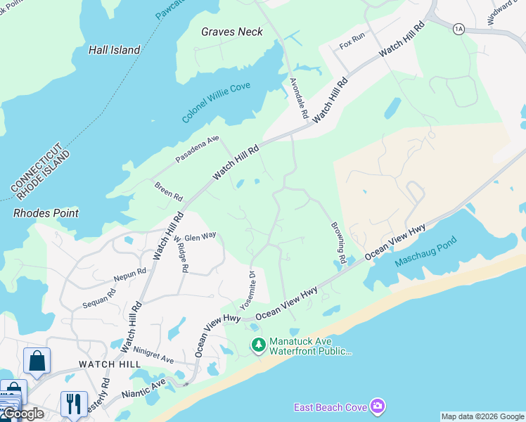 map of restaurants, bars, coffee shops, grocery stores, and more near 24 Yosemite Valley Road in Westerly