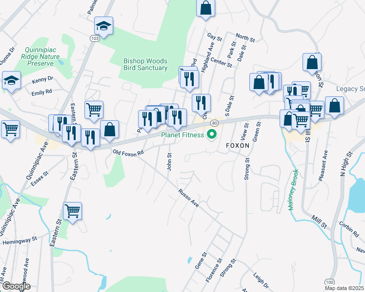 map of restaurants, bars, coffee shops, grocery stores, and more near 59 Old Foxon Road in East Haven