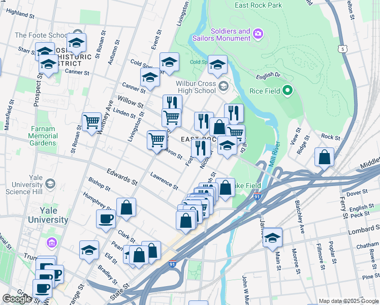 map of restaurants, bars, coffee shops, grocery stores, and more near 14 Linden Street in New Haven