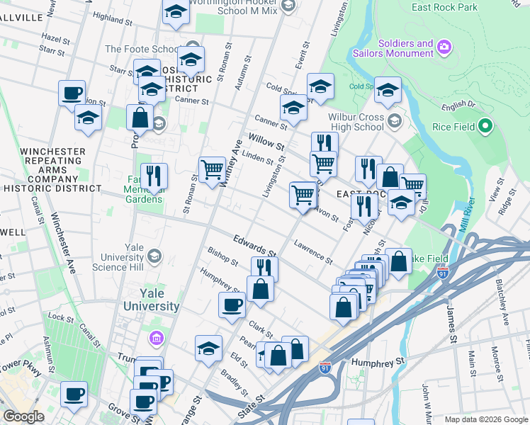 map of restaurants, bars, coffee shops, grocery stores, and more near 94 Cottage Street in New Haven