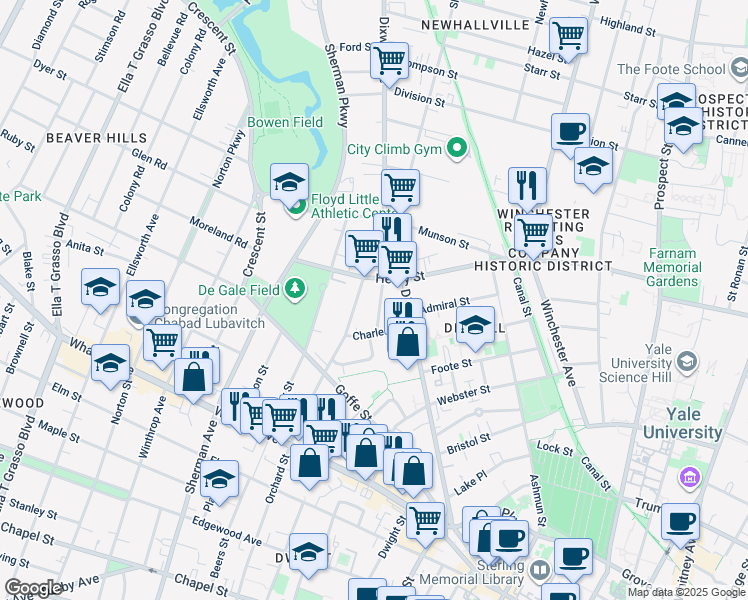 map of restaurants, bars, coffee shops, grocery stores, and more near 725 Orchard Street in New Haven