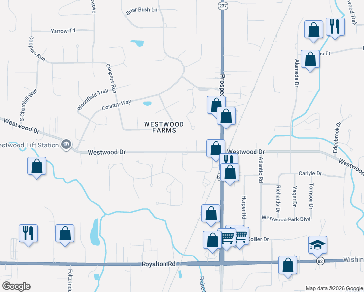 map of restaurants, bars, coffee shops, grocery stores, and more near 21300 Westwood Drive in Strongsville