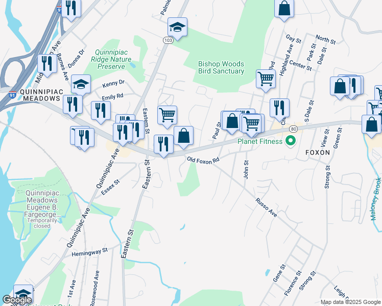 map of restaurants, bars, coffee shops, grocery stores, and more near 490 Foxon Boulevard in New Haven