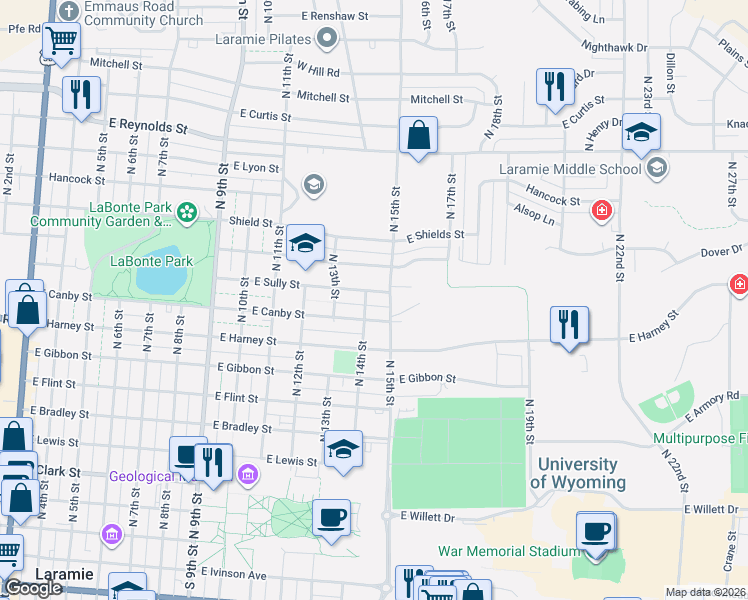 map of restaurants, bars, coffee shops, grocery stores, and more near 1411 East Sully Street in Laramie