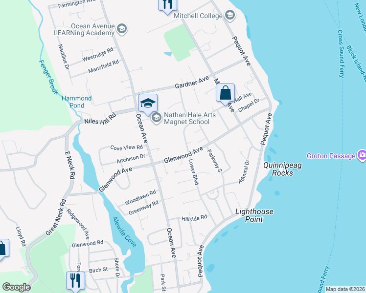 map of restaurants, bars, coffee shops, grocery stores, and more near 2 Boulevard Court in New London