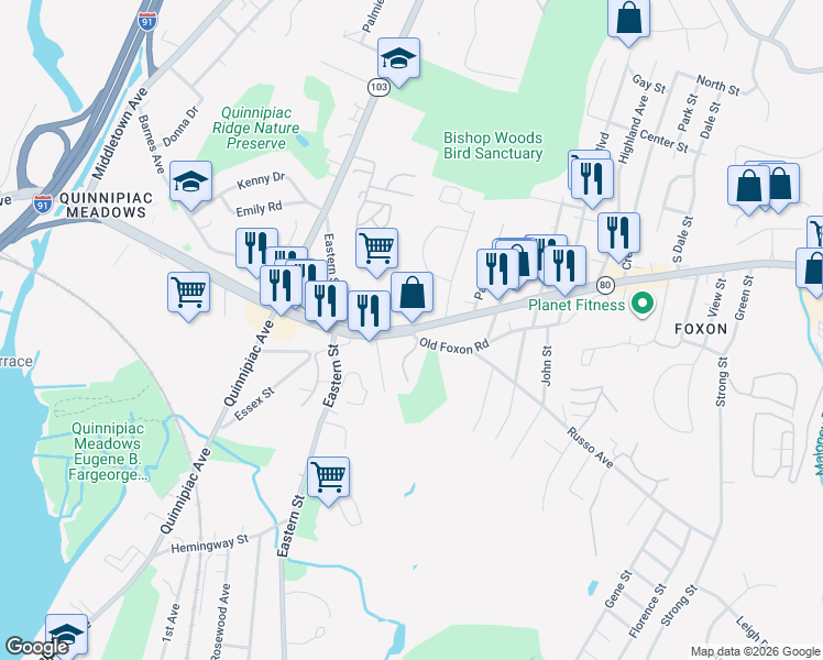 map of restaurants, bars, coffee shops, grocery stores, and more near 490 Foxon Boulevard in New Haven