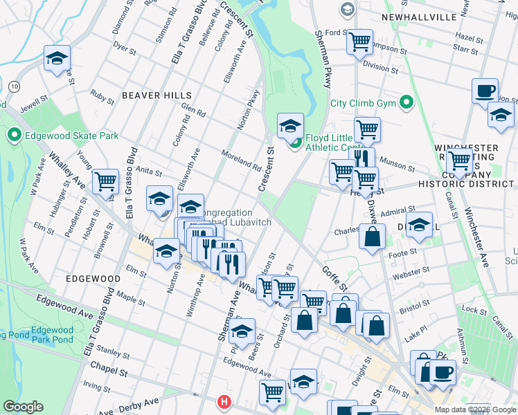 map of restaurants, bars, coffee shops, grocery stores, and more near in New Haven
