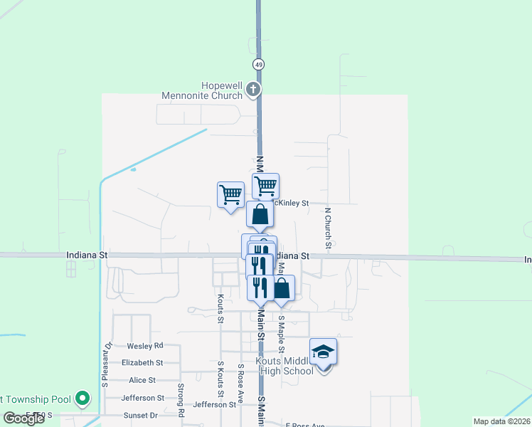 map of restaurants, bars, coffee shops, grocery stores, and more near 100-198 McKinley St in Kouts