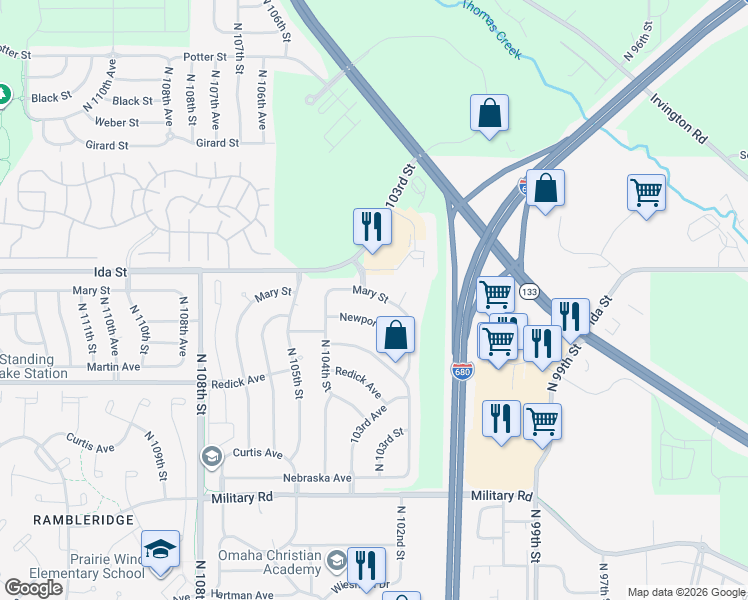 map of restaurants, bars, coffee shops, grocery stores, and more near 10274 Mary Street in Omaha