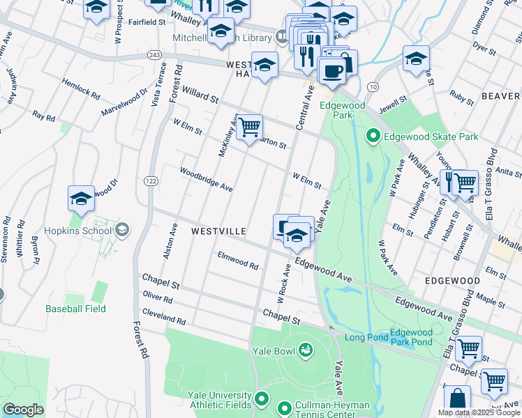 map of restaurants, bars, coffee shops, grocery stores, and more near 63 Marvel Road in New Haven