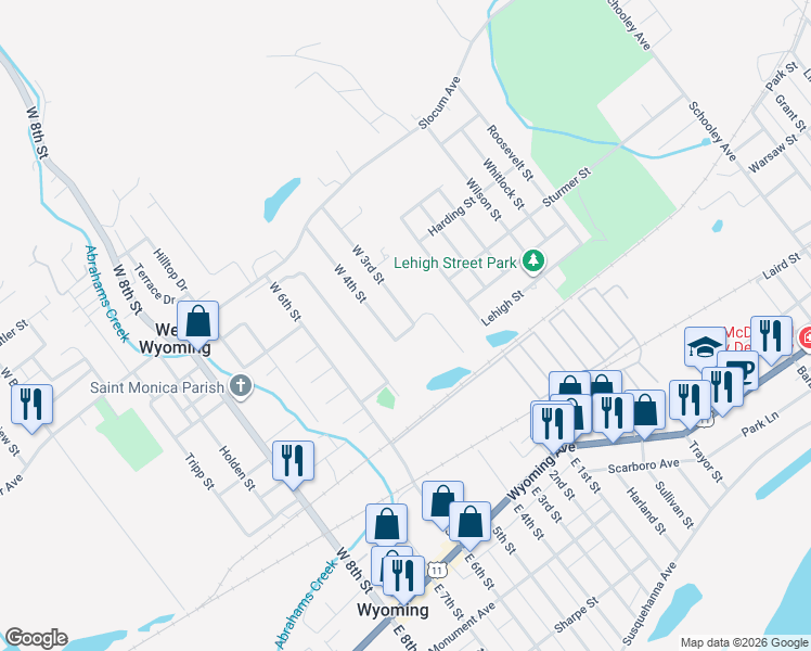 map of restaurants, bars, coffee shops, grocery stores, and more near 76 West 3rd Street in West Wyoming