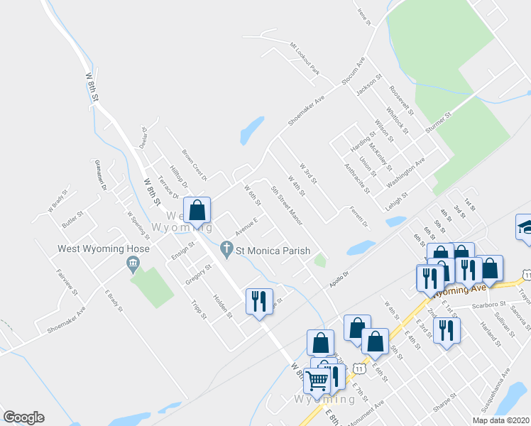 map of restaurants, bars, coffee shops, grocery stores, and more near West 6th Street & E Avenue in Wyoming