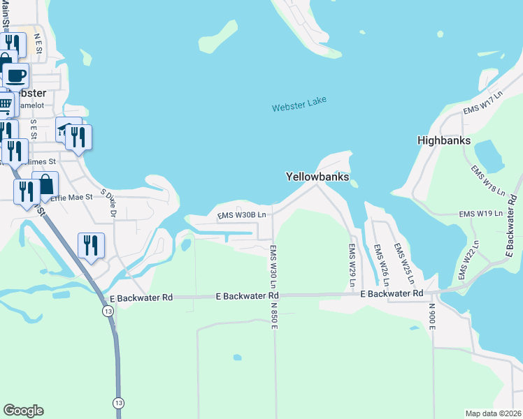 map of restaurants, bars, coffee shops, grocery stores, and more near 36 Ems W30B Lane in North Webster