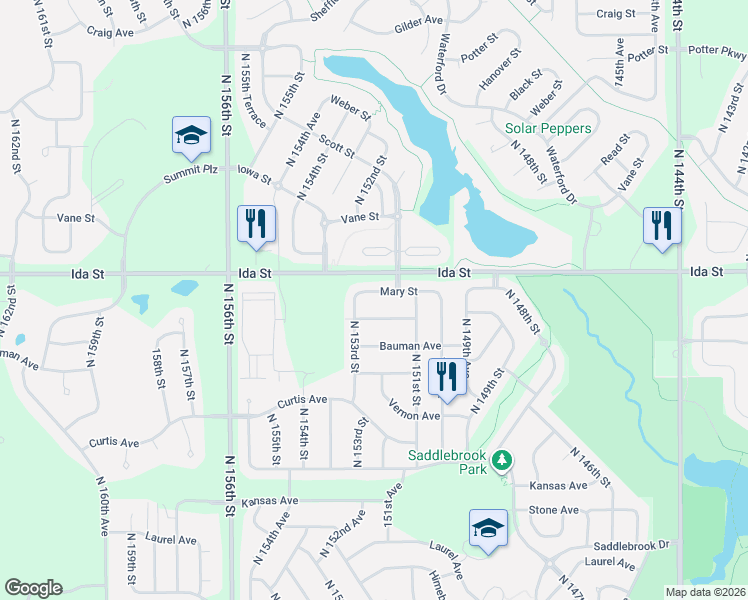 map of restaurants, bars, coffee shops, grocery stores, and more near 15214 Mary Street in Omaha