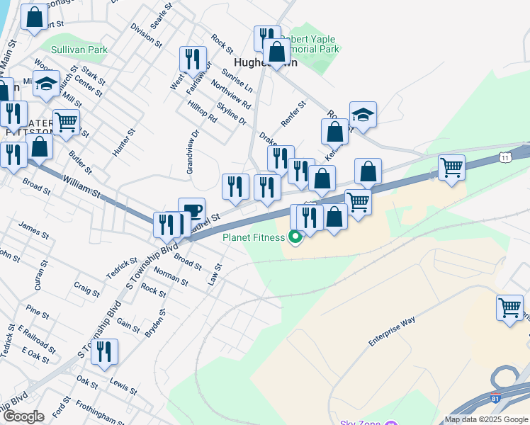 map of restaurants, bars, coffee shops, grocery stores, and more near 335 Laurel Street in Pittston