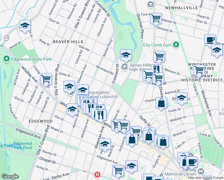 map of restaurants, bars, coffee shops, grocery stores, and more near 119 Carmel Street in New Haven