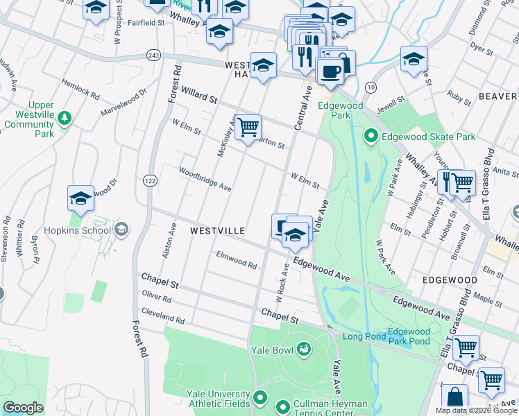 map of restaurants, bars, coffee shops, grocery stores, and more near 63 Marvel Road in New Haven