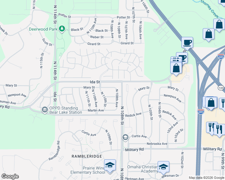 map of restaurants, bars, coffee shops, grocery stores, and more near 6726 North 108th Avenue in Omaha