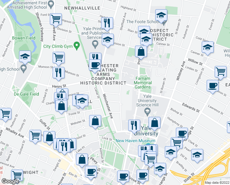 map of restaurants, bars, coffee shops, grocery stores, and more near 17 Tilton Street in New Haven