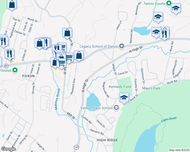 map of restaurants, bars, coffee shops, grocery stores, and more near 1225 North High Street in East Haven