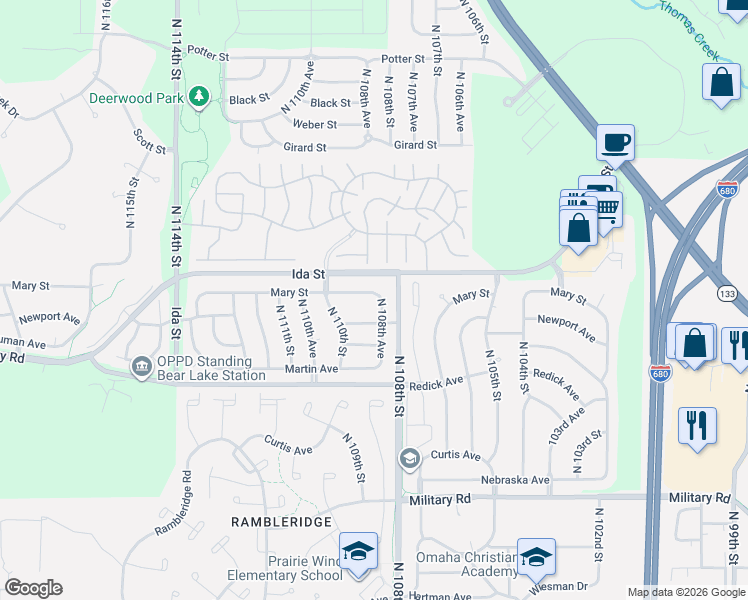 map of restaurants, bars, coffee shops, grocery stores, and more near 6726 North 108th Avenue in Omaha