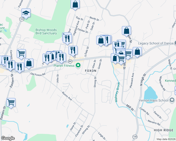 map of restaurants, bars, coffee shops, grocery stores, and more near 563 Strong Street in East Haven