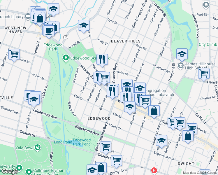 map of restaurants, bars, coffee shops, grocery stores, and more near 1510 Ella T Grasso Boulevard in New Haven