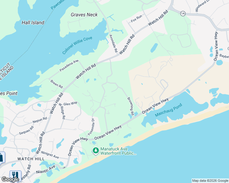 map of restaurants, bars, coffee shops, grocery stores, and more near 20 Browning Road in Westerly