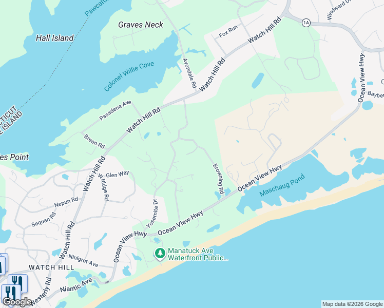 map of restaurants, bars, coffee shops, grocery stores, and more near 20 Browning Road in Westerly