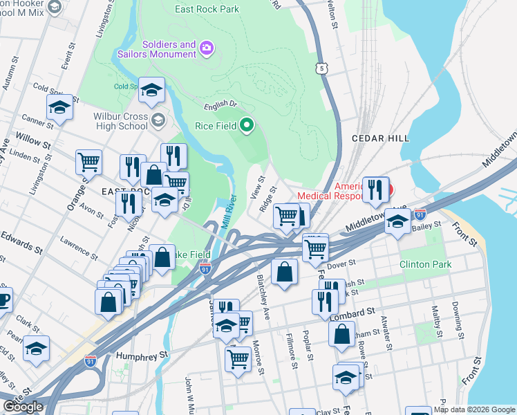 map of restaurants, bars, coffee shops, grocery stores, and more near 26 Ridge Street in New Haven