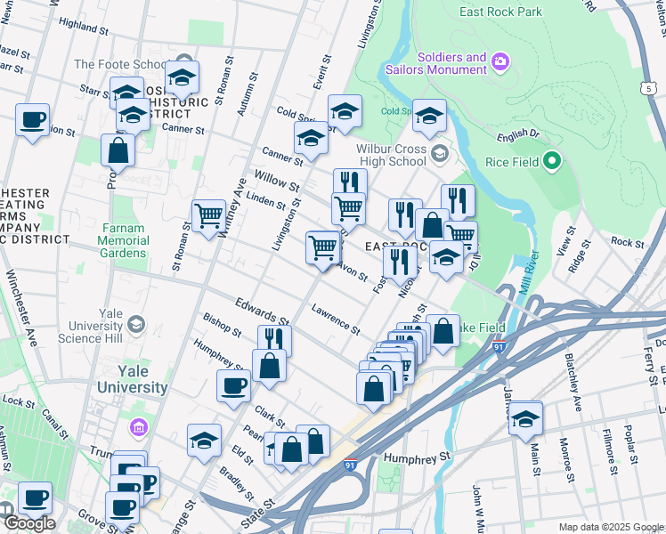 map of restaurants, bars, coffee shops, grocery stores, and more near 51 Avon Street in New Haven