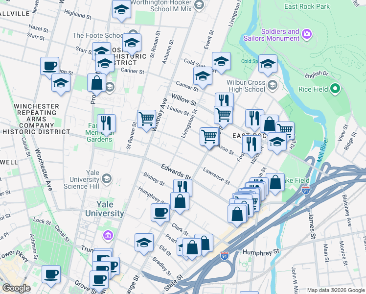 map of restaurants, bars, coffee shops, grocery stores, and more near 94 Cottage Street in New Haven